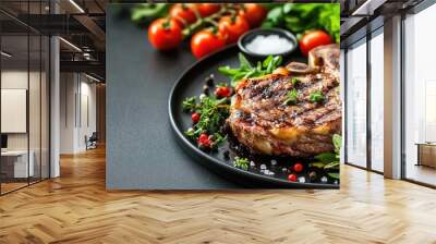 A perfectly grilled ribeye steak is placed on a black plate, garnished with fresh rosemary and ripe cherry tomatoes, creating an inviting culinary presentation Wall mural