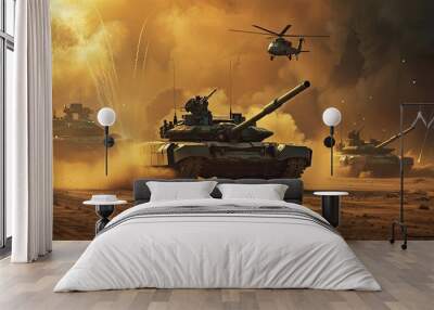 An armored fighting vehicle with long guns on the roof moving in front, another tank behind it and two helicopters flying above the tank, smoke from explosions in the background Wall mural