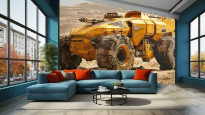 armored vehicle with big wheels and weapons on the roof, yellow color, desert background, unreal engine, concept design sheet. Wall mural