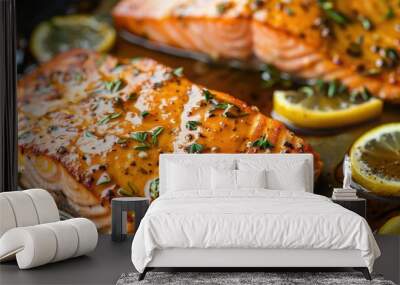 Close-up of two pan-seared salmon fillets with lemon and garnish on top, placed in an oval white plate and drizzled with an amber sauce. Salmon on a wooden table with studio lighting. Wall mural