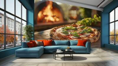 Outdoor wood fired pizza oven with freshly baked Neapolitan style cheese and basil pizza on the table in front, blurred garden background. Pizza grilled on coals in the oven Wall mural