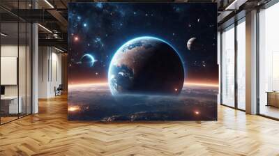 3D illustration of beautiful cosmic scene with planets. High quality digital space art in 5K - realistic visualization Wall mural