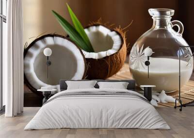 A creamy white coconut syrup poured into a delicate, ornate glass bottle, placed on a rustic wooden table or woven bamboo mat, alongside a fresh, halved coconut with its white flesh and brown skin  Wall mural