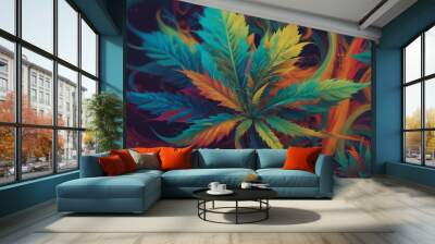 A unique and creative take on the cannabis plant, with swirling patterns and bold colors, rendered in a stylized and abstract manner. Wall mural