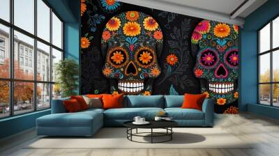 ornate sugar skull on chalkboard for dia de los muertos intricate floral patterns with vibrant colors popping against dark background  Wall mural