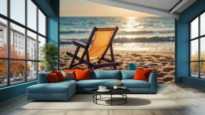 Sea with beach and sky view in summer, sun umbrella, beach chair, ball. Creative banner. Image Copyspace  Wall mural