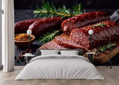 Traditional smoked salami sausage with spices. Pieces of salami sausage on a black cutting board. Dark background Wall mural