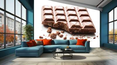 Broken piece of chocolate with crumbs on a white background. Cocoa Dessert Wall mural