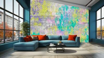 Multi-colored brick wall. Bright green, purple, yellow paint on brick texture. Wall mural