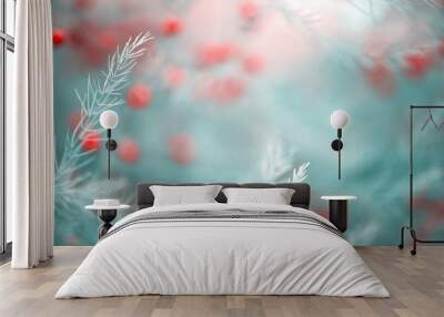 Abstract soft blue nature background. Branches of asparagus and red berries, defocus, copy space. Wall mural