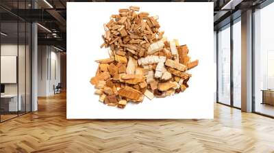 Various chips for smoking meat and fish isolated on white background top view. Heaps of wood chips from apple, pear and oak. Wall mural