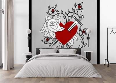 Red heart with dagger and roses, digital illustration in tattoo style with black frame on white background. For postcards, greeting cards, posters, banners, stickers, magnets, prints for clothing etc Wall mural