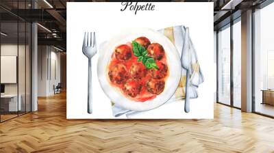 Polpette. Watercolor plate illustration with meatballs Wall mural