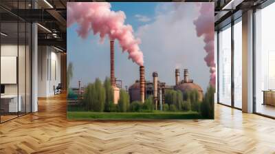 Smoke chemistry plant pollution factory energy refinery oil production technology chimney ecology industrial, earth day, ecology, nature,  selective focus, shallowedepth of field, blur Wall mural