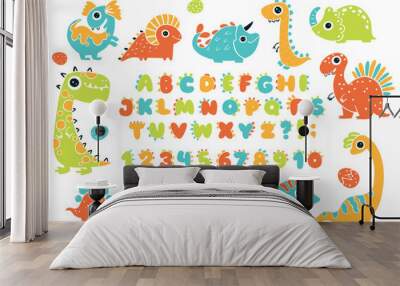 Dino collection with alphabet and numbers. Funny comic font in simple hand-drawn cartoon style. Various dinosaur characters. Colorful isolated doodles on a white background. Wall mural