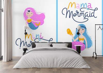 Mom and mini mermaid. Paired cards with lettering. Cute childish girl character with fish tail isolated on white background. Vector hand-drawn illustration in simple cartoon style. Colorful palette. Wall mural