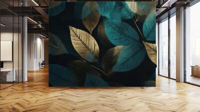 A textured background of teal blue leaves with accents of gold dust creating an abstract pattern Wall mural