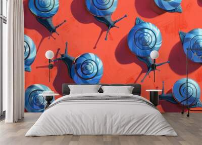 Illustration of blue snails on red background Wall mural