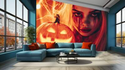 Portrait of woman at Halloween party as dead witch with funny and silly expression on her face. Young woman with bloody make-up holds glowing pumpkin covered with spider webs on orange background Wall mural