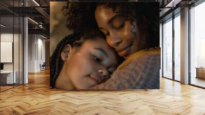 Young African American Woman and Her Daughter Sharing a Tender Embrace at Home Wall mural