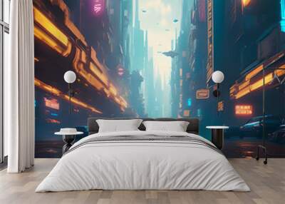 Foggy city street in the morning. 3D rendering. Wall mural