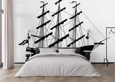 vector black and white drawing of a sailboat with lowered sails for printing on walls, covers, clothes and for other illustrations Wall mural