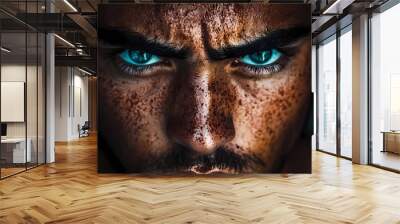 An intense close-up portrait of a rugged man with piercing blue eyes and rough skin showing determination. Wall mural