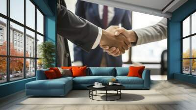 Male handshake, deal concept. People in suits shake hands. Wall mural