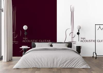 An example of an acoustic guitar logo in minimalism. A set of two options. Smooth outline lines. Burgundy and white color. Wall mural