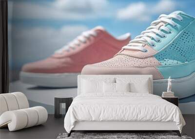 Pink and blue sneakers on display with sky background Wall mural