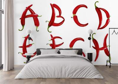 Edible alphabet made from hot, red chili peppers. Letters A to H, on an isolated white background Wall mural