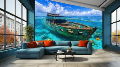 A shipwrecked ship in clear blue tropical waters Wall mural