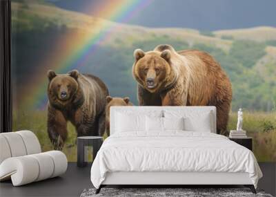 bear with cubs walking on the grass Wall mural