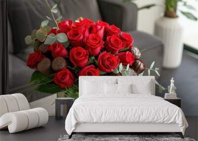 bouquet of red roses with roses and chocolates Wall mural