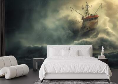 Fishing boat in the sea storm Wall mural