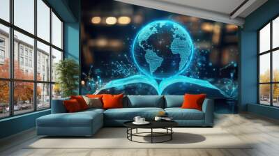 holographic open book and interactive world map Wall mural