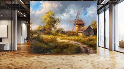 landscape with a windmill, old village Wall mural