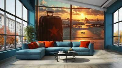 luggage in the airport terminal, planes in the parking lot Wall mural