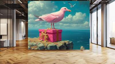 pink seagull on the background of the sea Wall mural