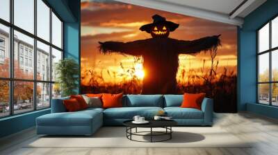 Spooky Halloween scarecrow at sunset Wall mural