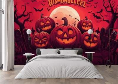 The design of a vector banner on the theme of happy Halloween. Scary Night text with cute creepy elements like lantern, skull and bats. Vector Wall mural