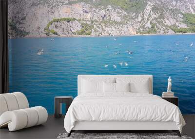 Seascape against the backdrop of mountains on a cloudless sunny day. Wall mural