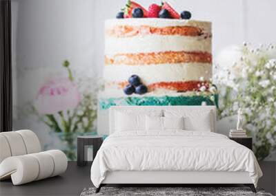 Amazing Wedding cake with decoration on white wooden table Wall mural