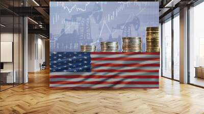 Coins on top of the US flag on the background of oil rigs and charts. Concept - increase in the cost of gasoline, diesel, energy in the United States. Increase in the selling price of hydrocarbons. Wall mural