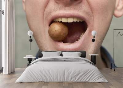 a man tries to crack a macadamia nut with his teeth Wall mural