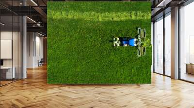 Aerial view of a tractor mowing a green field with fresh grass. Tractor cleaning of excess grass from the field. Wall mural