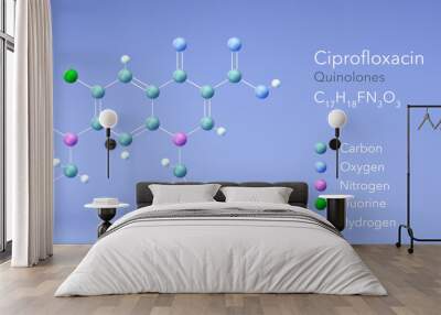 ciprofloxacin molecule, molecular structures, quinolone, 3d model, Structural Chemical Formula and Atoms with Color Coding Wall mural