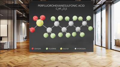 Perfluorohexanesulfonic acid molecule, 3d ball and stick model, molecular structure of PFHxS with color-coded atoms Wall mural