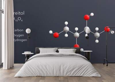 threitol molecule 3d rendering, flat molecular structure with chemical formula and atoms color coding Wall mural