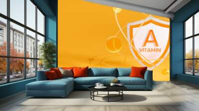 vitamin a symbol on shield, atoms orbiting on orange background, 3d rendering with copy space Wall mural